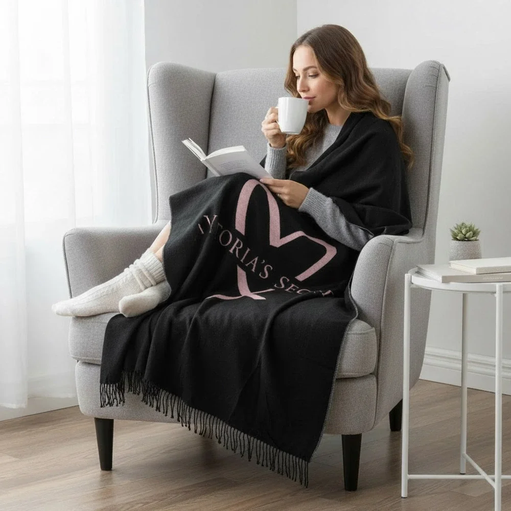 Victoria's Secret Throw Blanket With‎ Fringe 48×60 Black with Heart Logo Y2K
